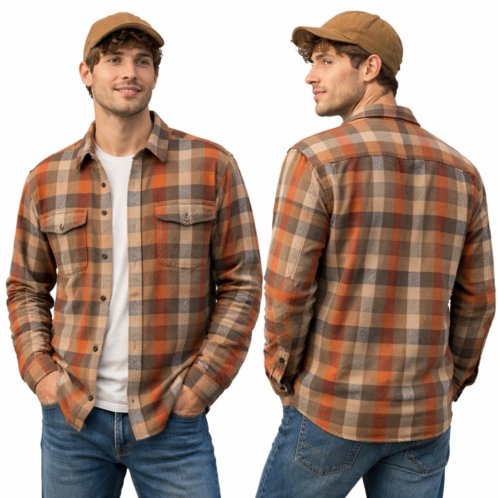 WOOLRICH Flannel Shirt Mens XL Brown Orange Plaid Workwear Heritage Blue Collar